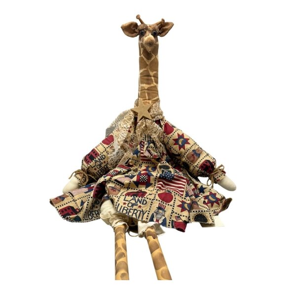 large Handcrafted Giraffe Doll Patriotic Dress & Lace Accents wood brown READ - Picture 1 of 12